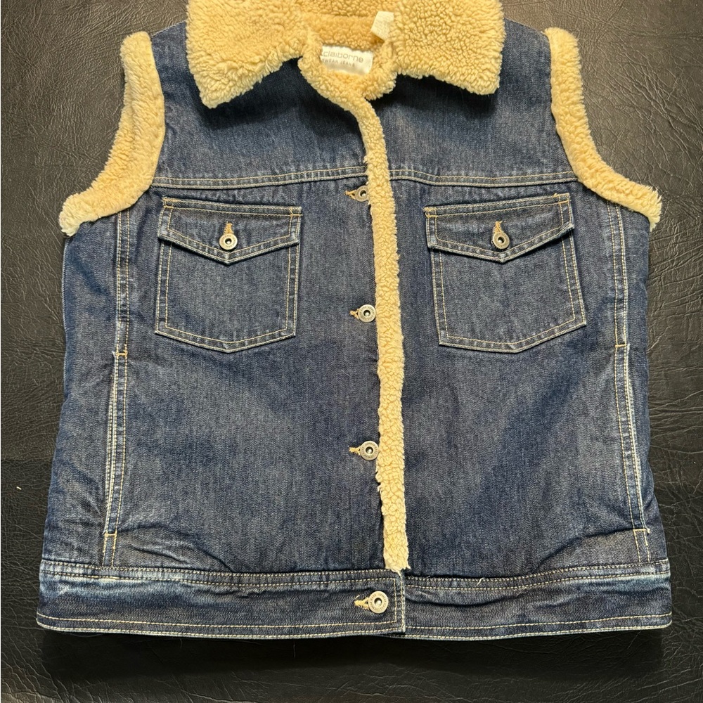Sherpa Lined Denim Vest Liz Claiborne Cozy Western Trucker Festival Y2K Size S
